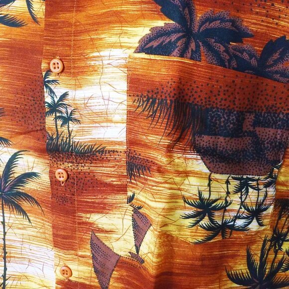 Vintage 80s Robinsons Red Bag Aloha Shirt -M Pocket SSL Vents Tropical Palm Tiki - Picture 7 of 11